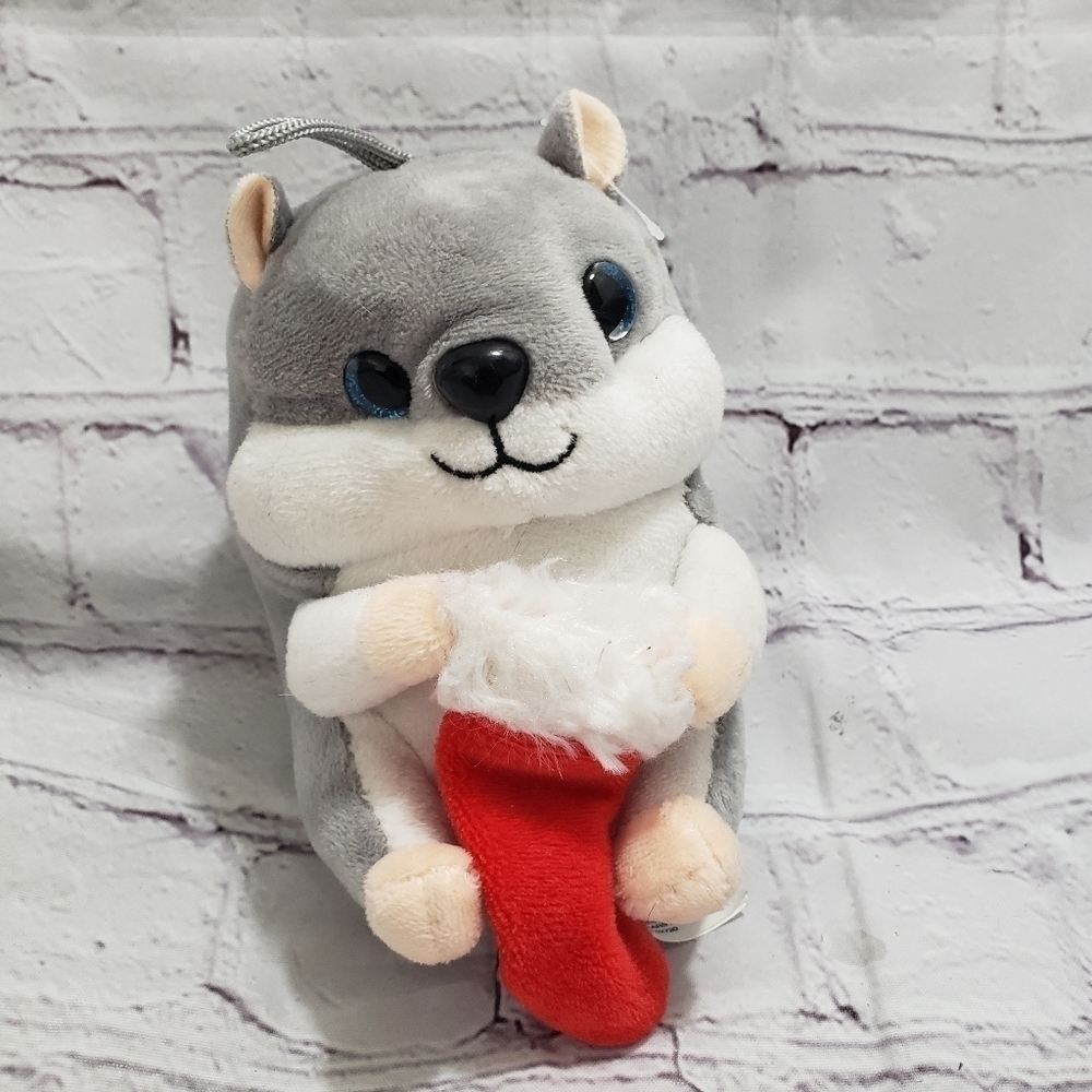 Nanco Hamster With Christmas Stocking 6" Plush Ornament Gray White Stuffed Toy